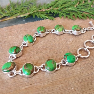 Green Copper Turquoise 925 Sterling Silver Gemstone Oval Shape Adjustable Bracelet ~ Birthstone Jewelry ~ Gift For Her ~9 Stone Bracelet~ **