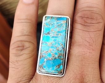 Blauw koperen turkoois ring: 925 sterlingzilveren bohoband, designerband