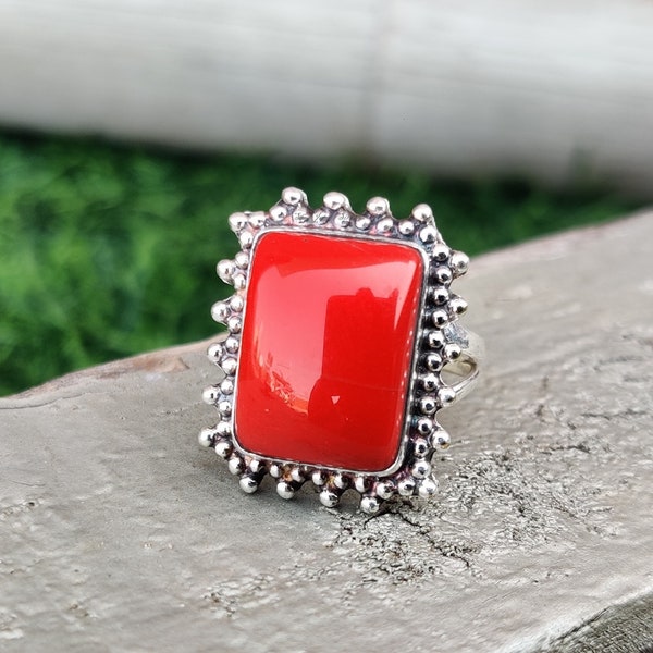 Natural Red Coral Ring, 925 Sterling Silver Ring, Handmade Gemstone Ring, Designer Ring, Unique Gift Ring, Gift For Her, Christmas Ring.****