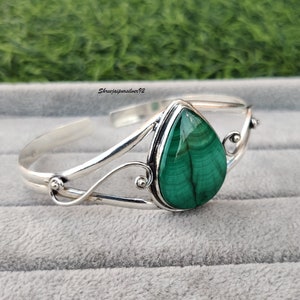 Malachite Bangle. Green Stone 925 Sterling Silver, Statement bangle, Cuff Bangle. Adjustable Filigree, Artisan Bracelet, gift for mother image 3