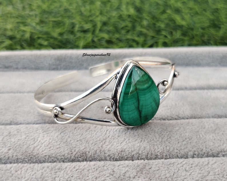 Malachite Bangle. Green Stone 925 Sterling Silver, Statement bangle, Cuff Bangle. Adjustable Filigree, Artisan Bracelet, gift for mother image 3