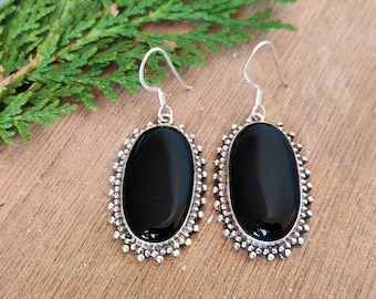 Handmade Oval Black Onyx Earrings: 925 Sterling Silver