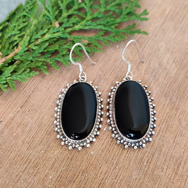 Handmade Oval Black Onyx Earrings: 925 Sterling Silver