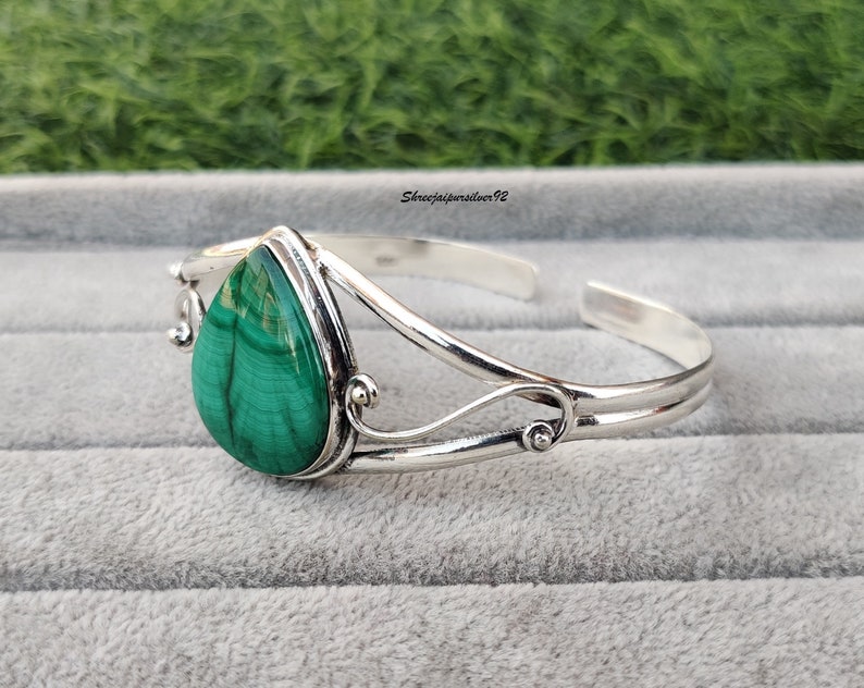 Malachite Bangle. Green Stone 925 Sterling Silver, Statement bangle, Cuff Bangle. Adjustable Filigree, Artisan Bracelet, gift for mother image 10