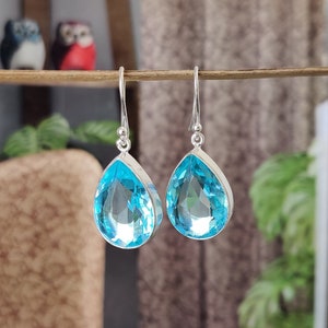 Natural Blue Topaz Earrings, Handmade Earrings, 925 Sterling Silver, Teardrop Blue Topaz Earrings, Gift for her, Dangle-Drop Earrings ******