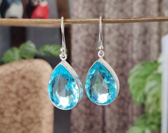 Pendientes de topacio azul en forma de lágrima, hechos a mano: pendientes colgantes de plata de ley 925
