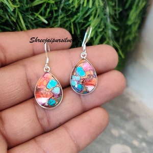 Earring pink Oyster Copper Turquoise Silver Pear Dangle Earring | 925 Sterling Solid Silver Earrings | Designer Pearl Gemstone Earrings Gift