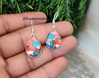 Earring pink Oyster Copper Turquoise Silver Pear Dangle Earring | 925 Sterling Solid Silver Earrings | Designer Pearl Gemstone Earrings Gift