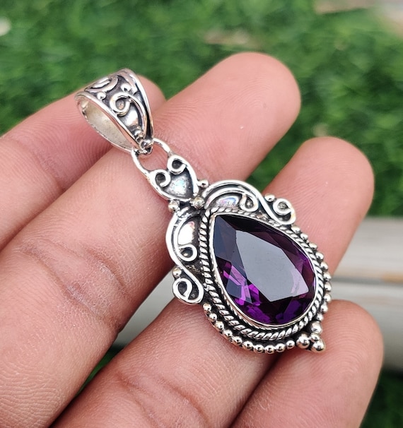 Collana con ciondolo in ametista viola naturale - Ciondolo in argento sterling 925 - Pietra portafortuna di febbraio - Gioielli in ametista
