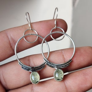 Natural Prehnite Gemstone Silver Earrings - 925 Sterling Silver Oval Shape Stone Earring - Designer Handmade Earring - Valentine&#39;s Day Gift