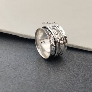 Flower Designer Solid 925 Sterling Silver Spinner Ring For Women, Handmade Wide Engraved Band Ring Gift For Her Birthday Anniversary