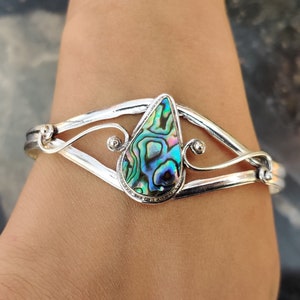 Abalone Bangle, Natural Abalone Shell Sterling Silver Bangle, Puha Shell Bohemian Bangle, Multi Color Sea Stone, Mermaid Jewelry for Women**