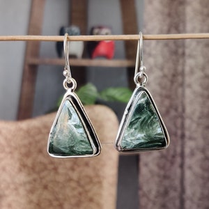 Beautiful Seraphinite Earrings, Gemstone Earrings, Green Drop & Dangle Earrings, 925 Sterling Silver Jewelry, Wedding Gift, Earrings For Her
