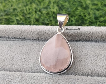 Handcrafted Pear Rose Quartz Gemstone Pendant 925 Sterling Silver Boho Pendant