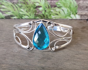 Blue Topaz Bangle: 925 Sterling Silver Adjustable Gemstone Jewelry