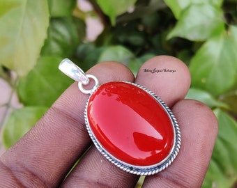 レッドコーラル92.5%シルバーペンダントネックレス、ハンドメイド