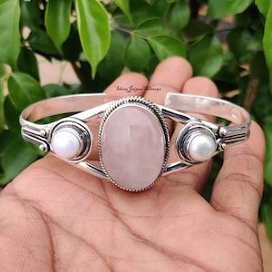 Rose Quartz Bangle,925 Sterling Silver Women Bangle, Cuff Bangle, Bohemian Bangle, Gift For Women Bangle, Gift For Her Three Stone Bangle