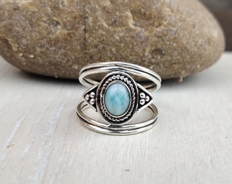 925 Sterling Silver Natural Larimar Oval Shape Gemstone Ring Birthstone Boho Ring Larimar Stone Ring, Blue Stone Ring For Women Jewelry Gift