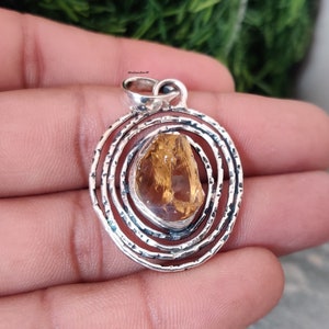 Raw Citrine Solid 925 Sterling Silver Necklace Pendant For Women, Handmade Engraved Silver Pendant For Her Wedding Anniversary Gift