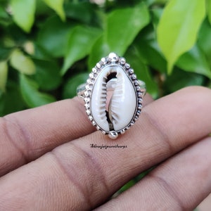 May include: A silver ring with a white cowrie shell set in the center. The ring is decorated with small beads around the edge of the shell.