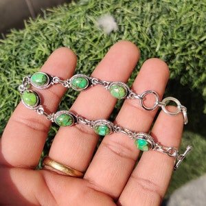 Bracciale regolabile a forma ovale in argento sterling 925 con pietra di luna arcobaleno naturale, gioielli con pietre preziose, braccialetto tennis, regalo per lei, regalo per amore Green Turquoise