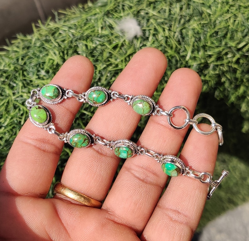 Bracciale regolabile a forma ovale in argento sterling 925 con pietra di luna arcobaleno naturale, gioielli con pietre preziose, braccialetto tennis, regalo per lei, regalo per amore Green Turquoise