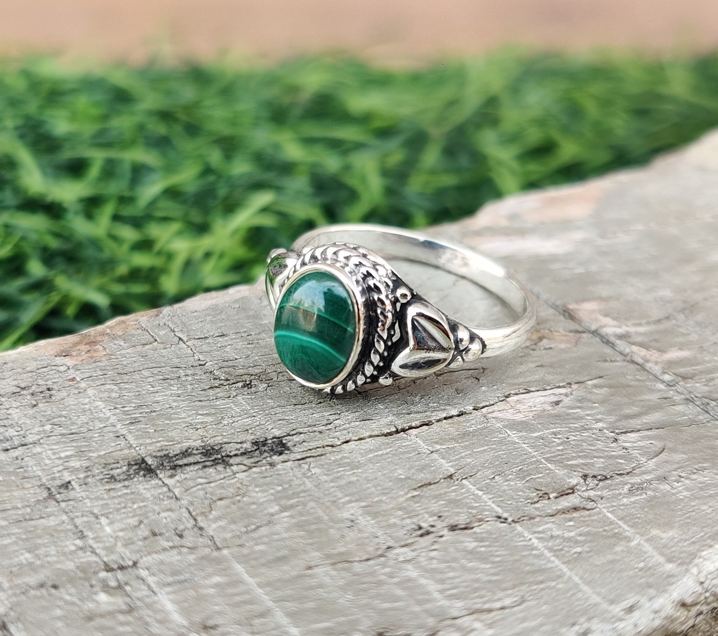Oval Malachite Ring: 925 Sterling Silver Band Ring, Women Jewelry