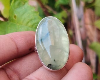 Handmade Oavl Prehnite Ring: 925 Sterling Silver Band, Libra Birthstone Item
