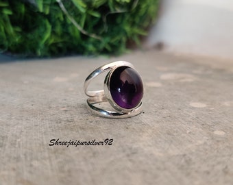 Amethyst Ringe, Sterling Silber Schmuck, Boho Ringe, lila Amethyst Cabochons, Geschenk für sie, Statement Ringe, Energiestein Schmuck