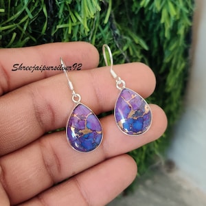 925 Sterling Silver Purple Copper Turquoise Statement Designer Earrings