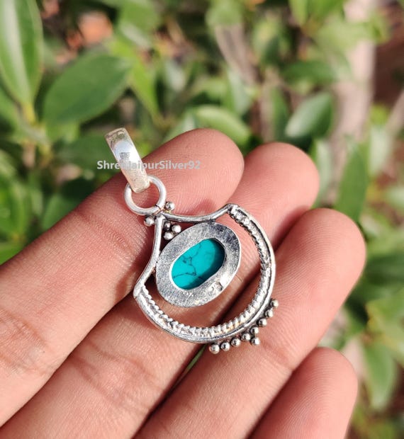 Natural Turquoise Pendant: Solid 925 Sterling Silver Necklace