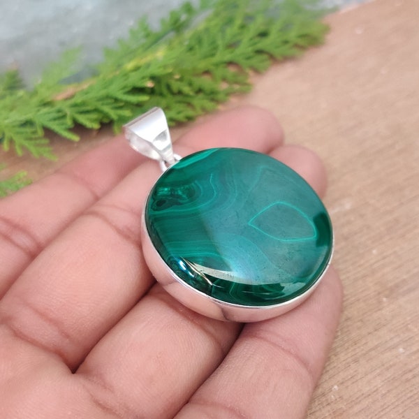 Malachite Gemstone Pendant, 925 Sterling Silver Pendant, Malachite Round Pendant, Natural Stone Pendant, Handcrafted Pendant, Christmas Gift