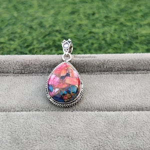 Pink Copper Turquoise Pendant, 925 Sterling Silver Pendant, Handmade Pendant, Gift for Mother, Pear Turquoise,Birthstone Pendant Gift item