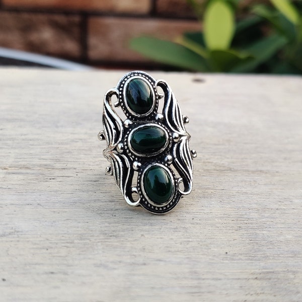 Natural Malachite Ring-Three Stone Ring- Designers Ring-925 Sterling Silver Ring-Taurus Birthstone-Silver Stack Ring-Healing Malachite Ring