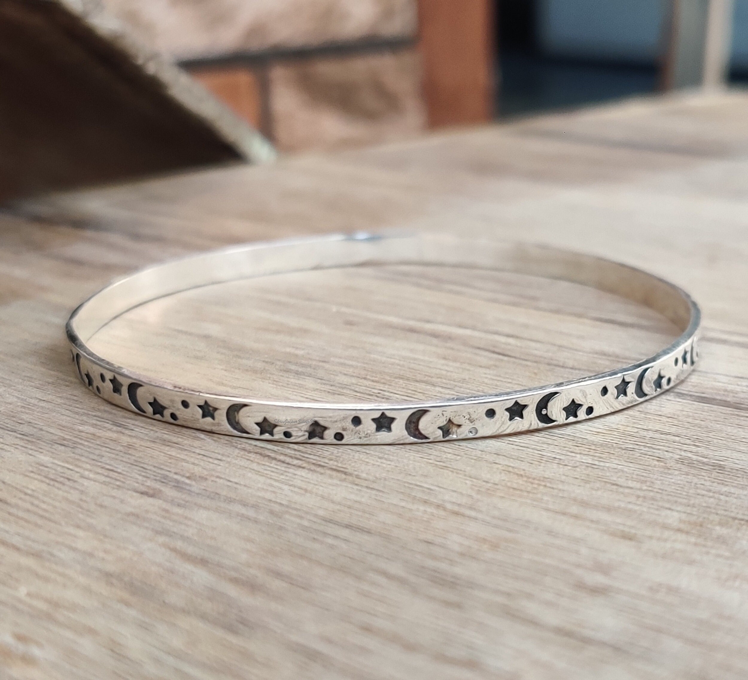 Star & Moon 925 Sterling Silver Bangle, Bracelet for Men and