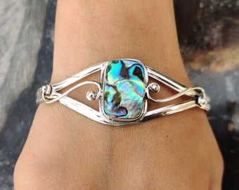 Real Abalone Shell Gemstone 925 Sterling Silver Handmade Boho Bangle