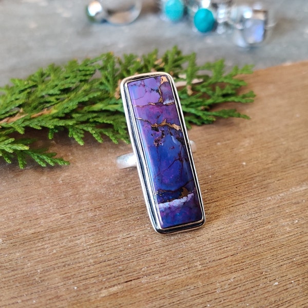 Purple Copper Turquoise Rectangle Shape Gemstone Silver Ring | 925 Sterling Solid Silver Stone Ring | Wired Designer Ring For Birthday Gift