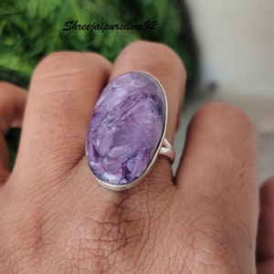 Charoite Gemstone Solid 925 Sterling Silver Ring For Women, Handmade Oval Bar Stone Band Ring For Wedding Anniversary Gift For Her Gift Item
