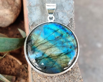 Blauwe flitsende labradoriethanger: 925 sterlingzilver, damesketting, cadeauhanger