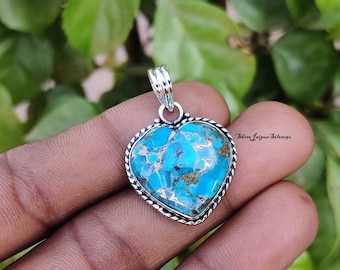 Blue Copper Turquoise Heart Pendant: 925 Sterling Silver Gemstone Jewelry