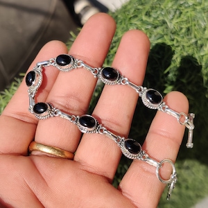 Bracciale regolabile a forma ovale in argento sterling 925 con pietra di luna arcobaleno naturale, gioielli con pietre preziose, braccialetto tennis, regalo per lei, regalo per amore Black Onyx