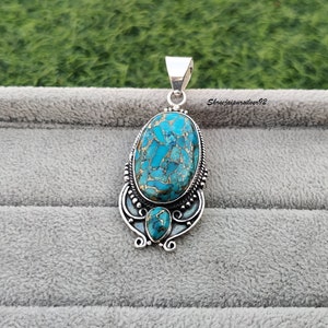 Huge Blue Copper Turquoise Pendant, 925 Sterling Silver Pendant, Turquoise Pendant, Pendant For Necklace, Anniversary Pendant, Gift For her