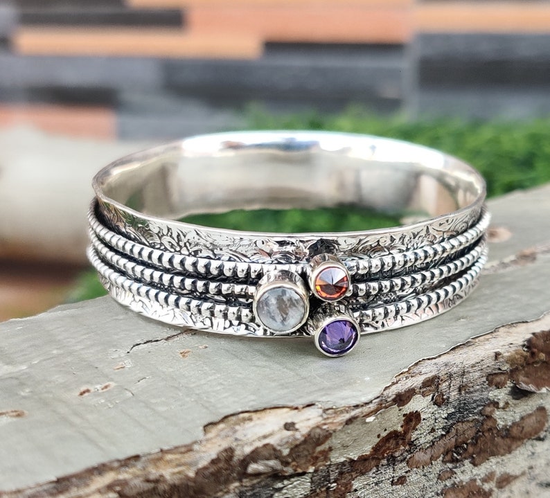 Moonstone Bangle, Three Gemstone Bangle, Spinner Bangle, Bohemian Bangle, 925 Sterling Silver , Amethyst Bangle, Beautiful Bangle, Gift Item image 6