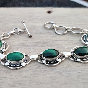 Pulsera de malaquita, pulsera de plata de ley 925, pulsera hecha a mano, pulsera de boda, regalo para ella, pulsera de piedras preciosas verdes, pulsera de cinco piedras