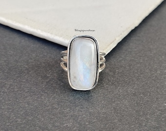 Rainbow Moonstone Ring, 925 Sterling Silver Ring: Handcrafted Rectangle Gemstone Jewelry