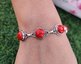 Pulseras de Coral Rojo, Pulseras de Piedras Preciosas de Coral, Pulseras de Diseñador, Pulseras Ajustables, Plata de Ley 925, Joyería de Plata, Regalo para mamá