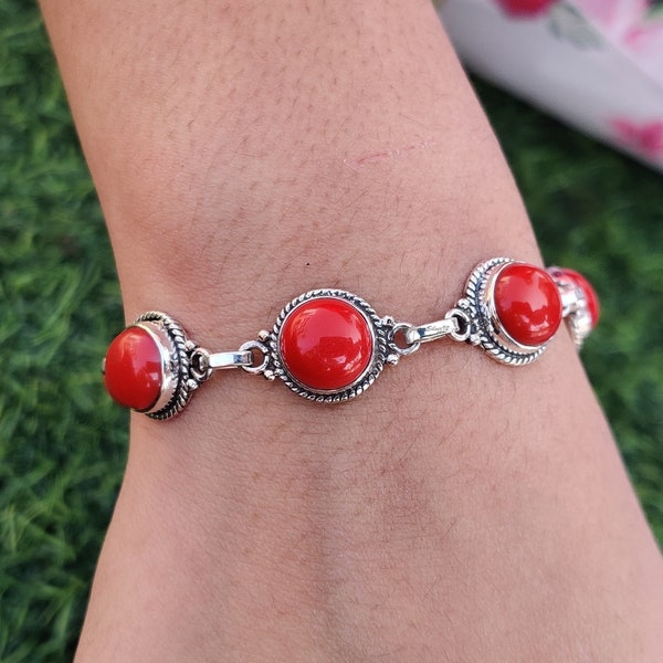 Bracelets de corail rouge, Bracelets de pierres précieuses de corail, Bracelets de créateur, Bracelets réglables, Argent sterling 925, Bijoux en argent, Cadeau pour maman