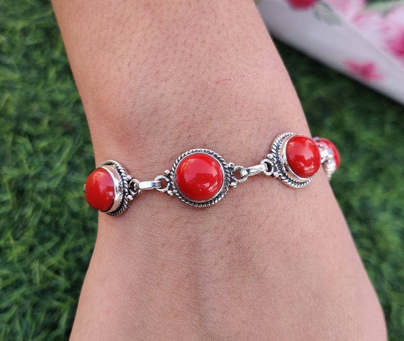 Bracelets de corail rouge, Bracelets de pierres précieuses de corail, Bracelets de créateur, Bracelets réglables, Argent sterling 925, Bijoux en argent, Cadeau pour maman image 1