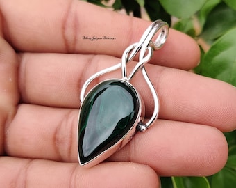 Pear Shape Malachite Pendant, 925 Sterling Silver Necklace