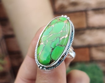 Long Green Copper Turquoise Silver Ring Gemstone Ring 925 Sterling Silver Green ,Round Stone Silver Ring, Handmade Boho Rings Gift For Women